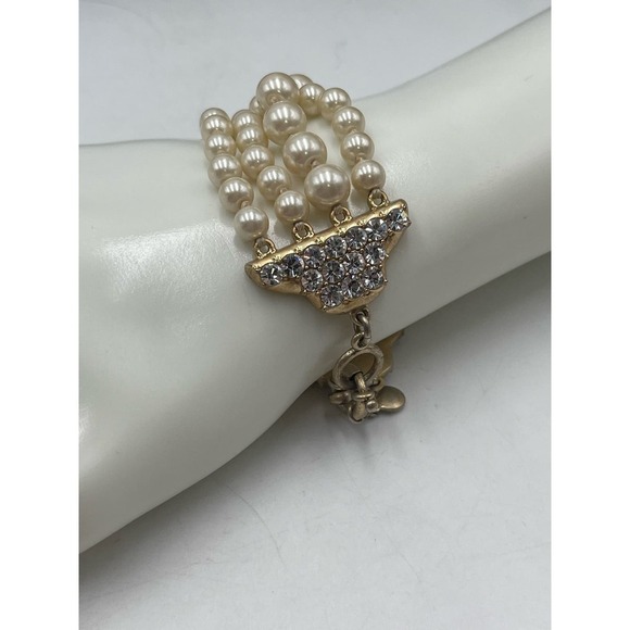 J. Crew Multi-Strand White Faux Pearl Spring Ring Rhinestones Bracelet Sz Small - Picture 8 of 12